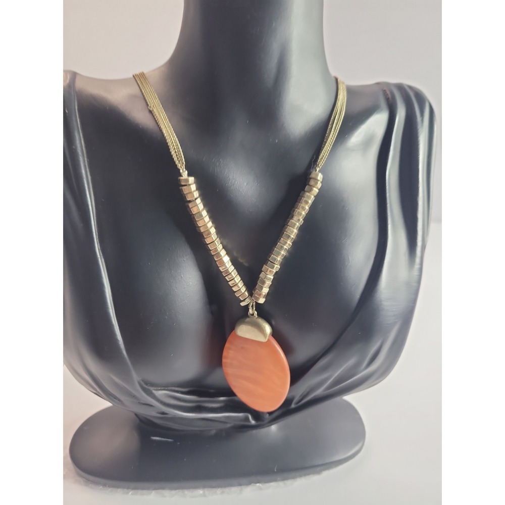 Kenneth Cole Orange Oval Pendant Necklace Silver Tone Multi Strand - Picture 2 of 14